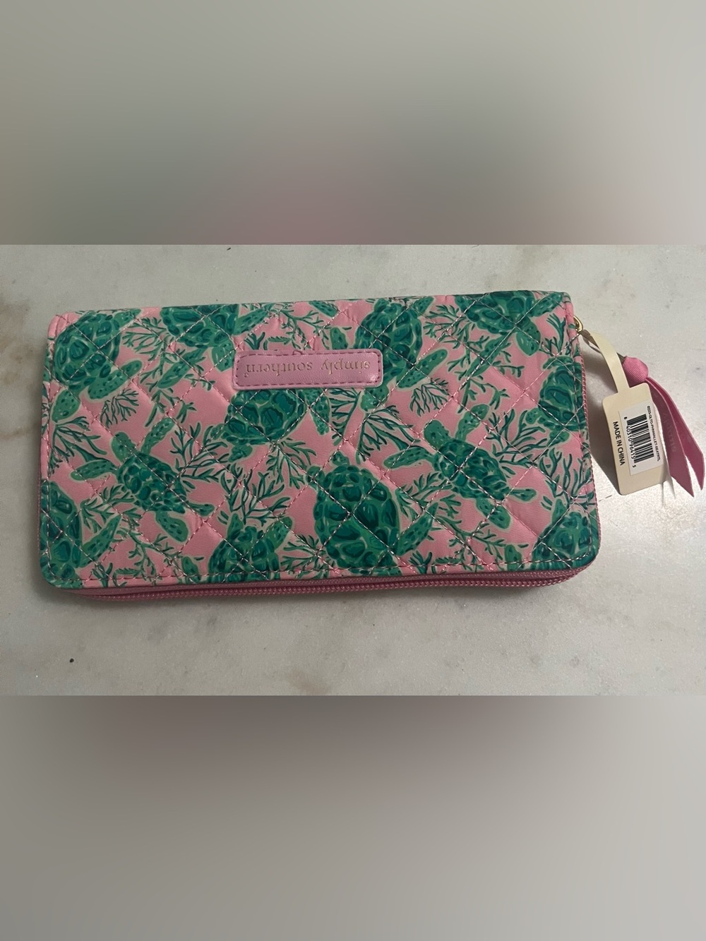 Simply Southern Pink Coated Canvas Wristlet Wallet Green Frog Print Zip Top